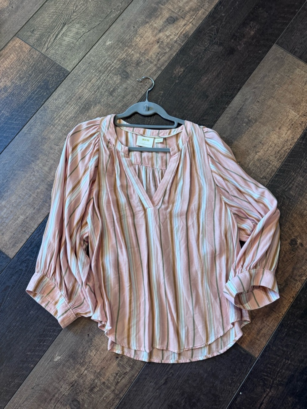 Maeve Anthropologie Striped Boho Blouse Pink Stripe V Neck Size M